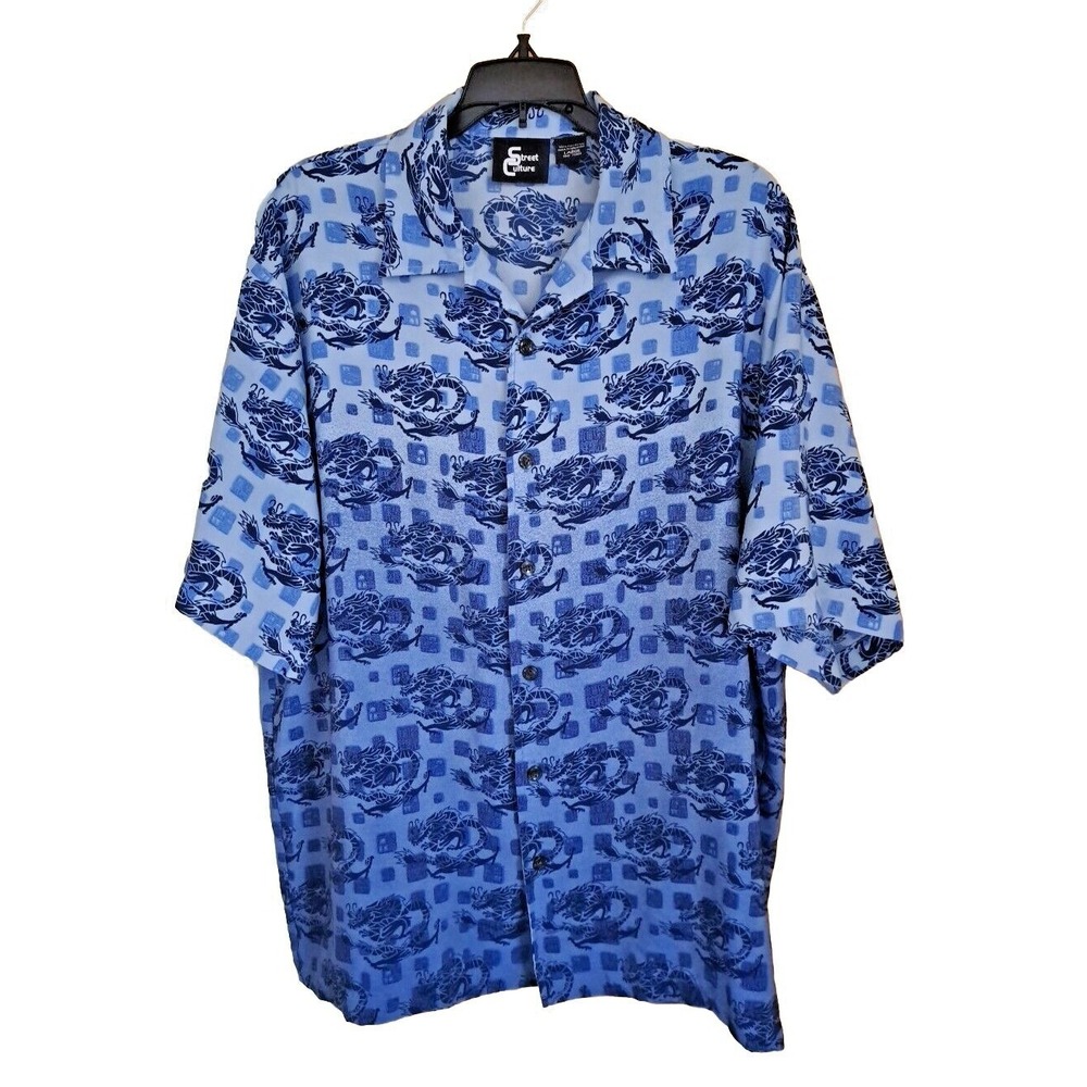 Street Culture Men's Lg Short Sleeve‎ Button Up All Over Print Blue Dragon's